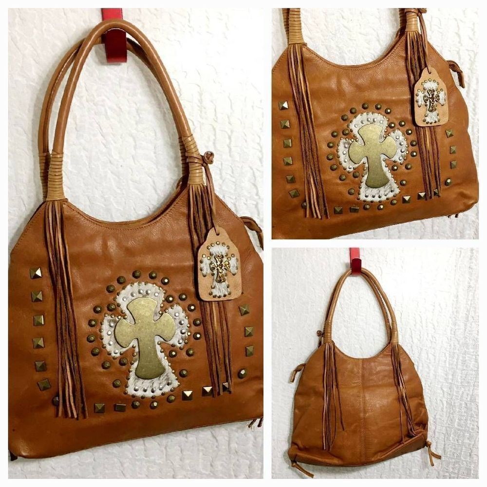 Ohh! Ashley Cross Design Brown/Tan Leather Bag